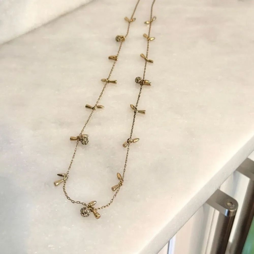 Vintage Stella & Dot Gold Plated Rhinestone Ball & Bullet Bar Station Necklace
